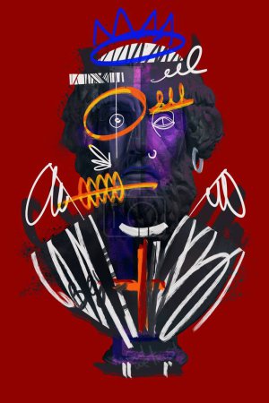 Photo for Classical statue bust with vibrant, abstract graffiti elements, doodles on deep red background. Modern aesthetics. Cultural events, art festivals on fusion art. Concept of postmodern contemporary art - Royalty Free Image