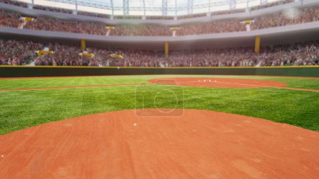Foto de Representación 3D de la arena de béisbol vacía, estadio al aire libre en el día. Imagen borrosa de los aficionados al deporte en tribuna. Concepto de deporte profesional, competición, campeonato, juego - Imagen libre de derechos