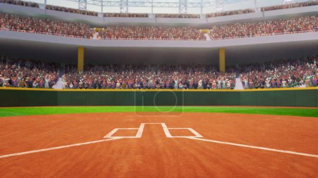 Foto de Póster para promover los partidos deportivos locales. Representación 3D de la arena de béisbol vacía, estadio al aire libre con tribuna llena de fans. Concepto de deporte profesional, competición, campeonato, juego - Imagen libre de derechos