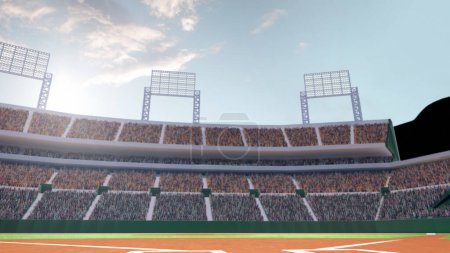 Téléchargez les photos : Grand stade de baseball, terrain à ciel ouvert avec tribune des fans le jour. rendu 3D du stade de baseball. Concept de sport professionnel, compétition, championnat, jeu - en image libre de droit