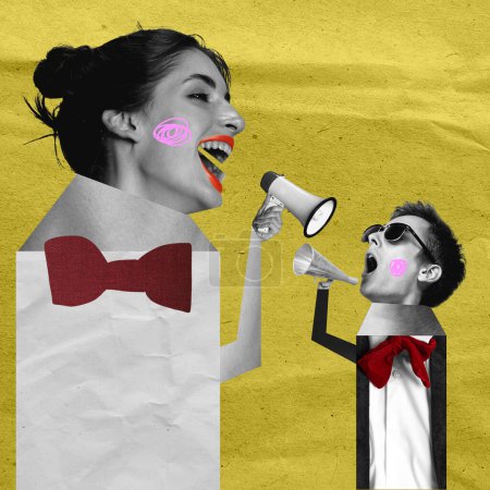 Photo for Man and woman, couple shouting in megaphone to each other. Total misunderstanding. Contemporary art collage. Concept of relationship psychology, problems, lifestyle, communication. Creative poster - Royalty Free Image