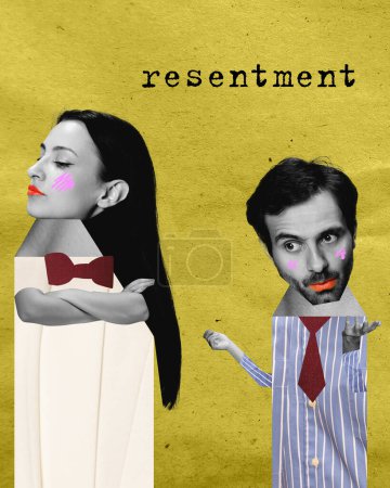Photo for Resentment. Young woman feeling offended about words of her husband. Quarreling. Contemporary art collage. Concept of relationship psychology, problems, lifestyle, communication. Creative poster - Royalty Free Image