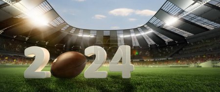 Photo for Upcoming American football match. 3D render of open air stadium with floodlights and fan tribune. 2024 numerals with ball. Concept of sport, championship, game, tournament. Poster for football events - Royalty Free Image