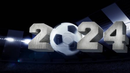 Photo for Concrete 2024 numerals with soccer ball raising above dark 3D render of stadium. Upcoming match. Concept of sport, championship, game, competition, tournament. Poster for football events - Royalty Free Image