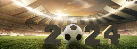 Photo for Wide-angle shot of 3D soccer stadium with concrete numbers 2024 and soccer ball. Upcoming football match. Concept of sport, championship, game, competition, tournament. Poster for football events - Royalty Free Image