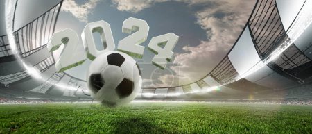Photo for 3D render of open air stadium with soccer ball and numerals 2024 at sport arena. Wide angle view. Upcoming match. Concept of sport, championship, competition, tournament. Poster for football events - Royalty Free Image