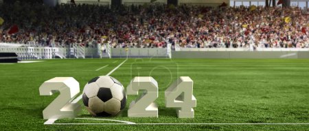Photo for Soccer ball on grass with 2024 of large numerals at crowded stadium. 3D render of sport arena. Upcoming match. Concept of sport, championship, game, competition, tournament. Poster for football events - Royalty Free Image