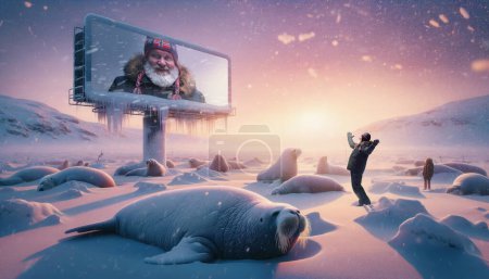 Téléchargez les photos : Publicité pour l'organisation de conservation de la faune hivernale. L'homme âgé interagit avec le panneau d'affichage gelé parmi les phoques dans la neige. Affiche promotionnelle pour le documentaire sur la faune et les écosystèmes arctiques. - en image libre de droit