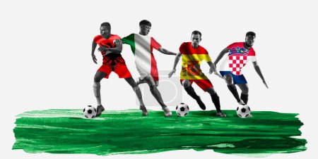 Foto de Jugadores de fútbol en movimiento en camisetas con bandera que representan al equipo de Albania, Italia, España y Croacia. Concepto de campeonato, torneo. Fase B del grupo de la Euro 2024 - Imagen libre de derechos