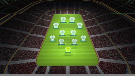 Photo for Digital illustration of a soccer field viewed from above, featuring a tactical formation of player. 3D render of stadium with tribune. Concept of sport strategy, competition, training session - Royalty Free Image