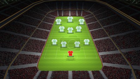 Photo for Aerial view on soccer stadium with tribune and t-shirts of players showing team tactics and game strategy. Football players position 4-3-3. Concept of sport, tournament, competition - Royalty Free Image