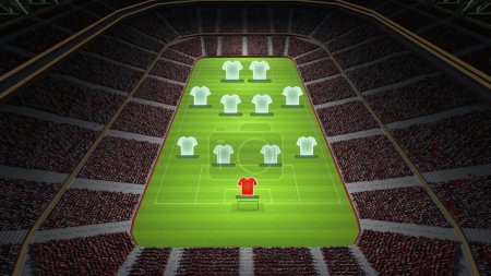 Photo for Aerial view on soccer stadium with tribune and t-shirts of players showing team tactics and game strategy. Football players position 4-4-3. Concept of sport, tournament, competition - Royalty Free Image