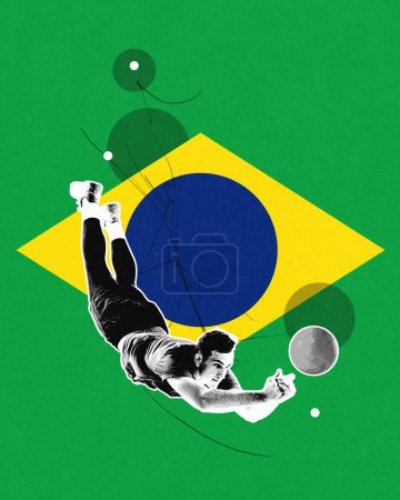 Photo for Dynamic image of young man, volleyball player during game, representing team of Brazil. Concept of sport, championship, tournament, match. Creative design, poster for sport event. Grainy effect - Royalty Free Image
