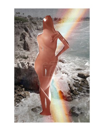 Foto de Collage conceptual surrealista de silueta femenina con mar y escena montañosa y elementos arcoíris abstractos. Diseño conceptual. Concepto de belleza femenina, surrealismo. Conexión humana con la naturaleza - Imagen libre de derechos