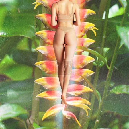 Téléchargez les photos : Conception conceptuelle surréaliste avec un corps féminin mince en sous-vêtements beige debout sur une fleur d'héliconie vibrante. Yoga, méditation et unité avec la nature. Beauté et bien-être, spa, retraite - en image libre de droit