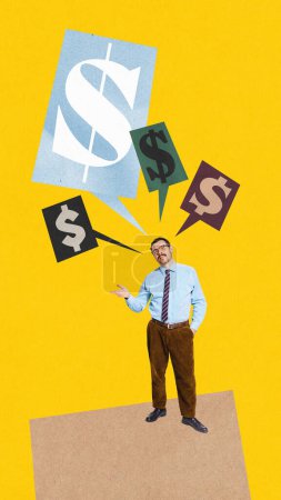 Photo for Businessman gesturing with colorful dollar sign speech bubbles against yellow background. Contemporary artwork. Financial analytics, strategy, literacy. Concept of business, trading, strategy, money - Royalty Free Image