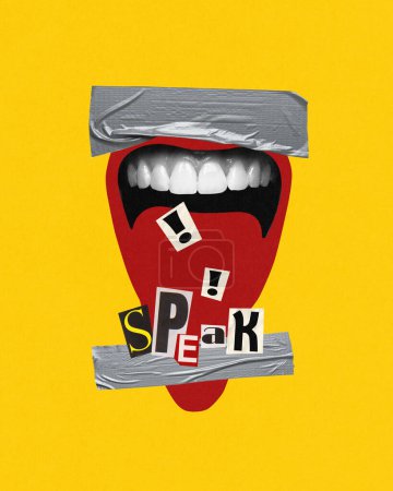 Taped female open mouth with shouting word SPEAK against yellow background. Contemporary art collage. Freedom of speech, equality. Concept of media, social issues, propaganda and truth