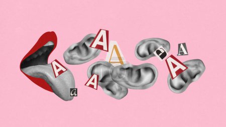 Offener weiblicher Mund, der menschliche Ohren mit ausgeschnittenen Zeitungsbuchstaben auf rosa Hintergrund ausdrückt. Collage zeitgenössischer Kunst. Überredung, Manipulation, Gespräch.