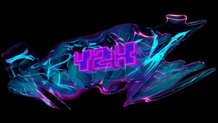 Photo for Neon abstract digital art, giant letters forming Y2K pixelated text against black background. High-tech product website. Banner, poster. 3D render. Concept of modern technology, design, techno - Royalty Free Image