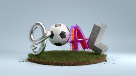 Téléchargez les photos : Lettres 3D formant un objectif de mot avec un ballon de football sur herbe sur fond gris. Motivation pour gagner, compétition, championnat, tournoi - en image libre de droit