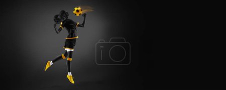 Photo for Competitive young woman, soccer player in uniform in motion, playing over dark background. Yellow elements. Monochrome. Concept of competition, tournament, match, game. Creative design. Banner - Royalty Free Image
