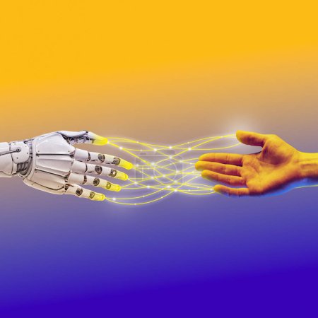 Téléchargez les photos : Main robotique s'étendant vers la main humaine, transfert d'énergie. rendu 3D de la main. Conception conceptuelle Progrès dans l'intelligence artificielle et l'industrie robotique. Concept d'entreprise, d'innovation, de technologie - en image libre de droit