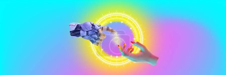 Téléchargez les photos : Modèle 3D de main robotique et main humaine presque touchante, entourée d'une aura numérique. Conception conceptuelle créative. Application de méditation. Concept d'entreprise, d'innovation, de technologie - en image libre de droit