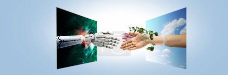 Photo for Real and artificial, fantastic words meet. Hands appearing form monitors, human hand shaking 3D model of robotic hand over blue background. Concept of business, innovation, technology. New vision - Royalty Free Image