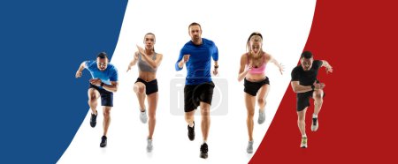 Photo for Marathon. Dynamic image of athletic people, men and women, running athletes in motion against flag of France. Concept of sport, competition, championship and tournament. Poster for sport event - Royalty Free Image