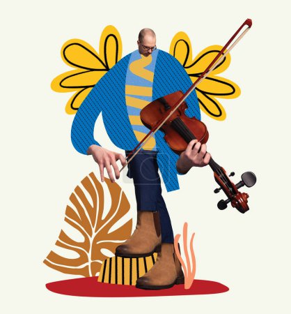 Photo for Bald talented man playing violin against abstract floral doodles background. Contemporary art collage. Concept of music festival, creativity. Template for music events posters. Modern aesthetics - Royalty Free Image