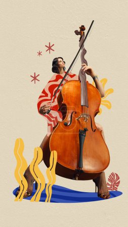 Photo for Symphony. Man playing double bass against pastel background. Contemporary art collage. Concept of music festival, creativity and inspiration. Template for music events posters. Modern aesthetics - Royalty Free Image