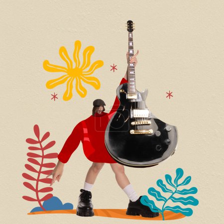 Photo for Rock and roll. Emotive young girl playing electric guitar against abstract background. Contemporary art. Concept of music festival, creativity. Template for music events posters. Modern aesthetics - Royalty Free Image