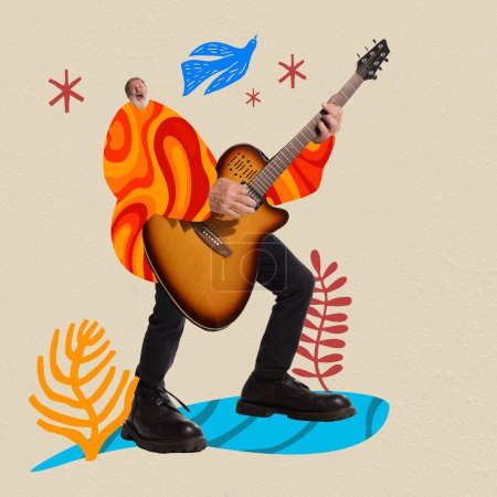 Photo for Senior man playing guitar and singing over abstract background. Contemporary art collage. Concept of music festival, creativity and inspiration. Template for music events posters. Modern aesthetics - Royalty Free Image