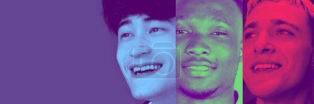 Foto de Collage hecho de hombres jóvenes de diferentes nacionalmente sonriendo contra fondo multicolor. Duotone. Diversidad racial, amistad. Concepto de juventud, diversidad, emociones humanas - Imagen libre de derechos