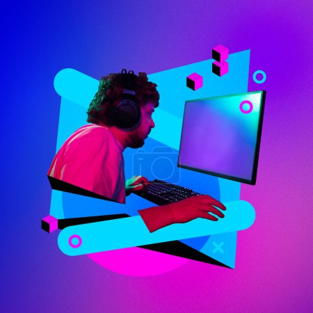 Photo for Young man in headphones sitting and looking in monitor, focused player engaging in competitive play against gradient neon background. Streaming. Concept of gaming culture, online gaming, streaming - Royalty Free Image