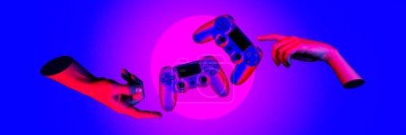 Photo for Two hands reaching towards floating game controllers against gradient neon background. Streaming banner. Gaming industry. Concept of gaming culture, online gaming, streaming - Royalty Free Image