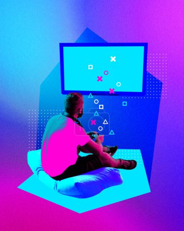 Photo for Man sitting on floor with came controller and playing online games on large screen against gradient neon background. Games as hobby. Concept of gaming culture, online gaming, streaming - Royalty Free Image