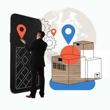 Photo for Man looking on smartphone with map and location pins, beside cardboard boxes. Logistics mobile app. Creative design. Concept of logistics, cargo companies, worldwide shipping and delivery services - Royalty Free Image