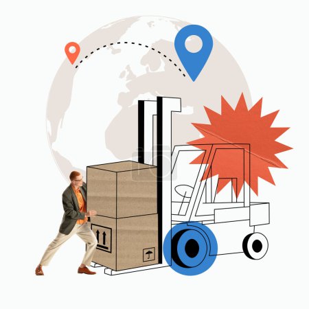 Photo for Man pushing large box on forklift with world map and location pins in the background. Global logistics and warehouse management. Concept of logistics, cargo companies, delivery services - Royalty Free Image