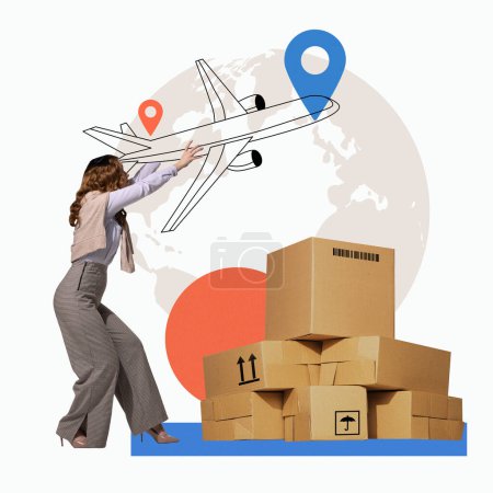 Photo for Woman guiding paper airplane towards map with location pins, cardboard boxes in foreground. Optimizing air freight operations. Concept of logistics, cargo companies, worldwide delivery services - Royalty Free Image