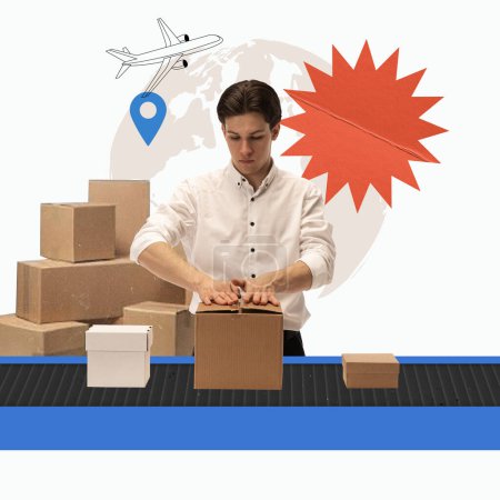 Photo for Man sealing cardboard box on conveyor belt with airplane and location icon on background. Global shipping and handling procedures. Concept of logistics, cargo companies, worldwide delivery services - Royalty Free Image