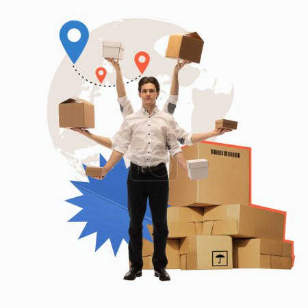 Photo for Man with multiple hands holding boxes with global map and location pins in background. Speed and accuracy in parcel deliver. Logistics, cargo companies, business, worldwide delivery services concept - Royalty Free Image