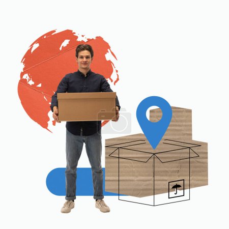 Photo for Man holding cardboard box with global map and location marker in background. Growth of global online retail. Concept of logistics, cargo companies, worldwide shipping and delivery services - Royalty Free Image