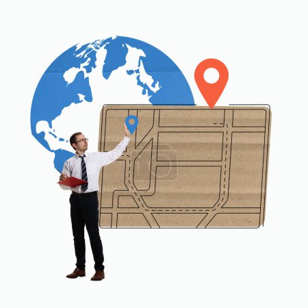 Photo for Man checking delivery road and putting location mark on destination with world map on background. Supply chain excellence. Concept of logistics, cargo companies, worldwide shipping, delivery services - Royalty Free Image