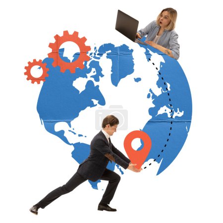 Photo for Woman working on laptop and man holding location pin over world globe. Improving efficiency in logistics. Concept of logistics, cargo companies, business, worldwide shipping and delivery services - Royalty Free Image