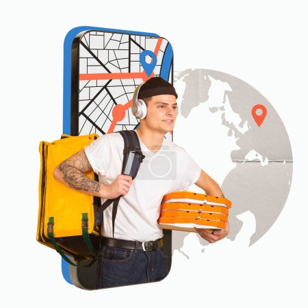 Photo for Man, courier standing with pizza boxes over phone screen showing map, navigation against world map with location pin. Creative modern design. Concept of logistics, business, food delivery services - Royalty Free Image