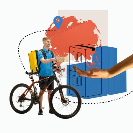 Photo for Courier man on bicycle delivering box over location pin and map background. Fast and accurate services. Creative design. Concept of logistics, cargo companies, worldwide shipping and delivery services - Royalty Free Image