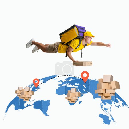 Photo for Delivery man flying with pizza boxes over word map with location pins and cardboard boxes. Fast services. Concept of logistics, cargo companies, business, worldwide shipping and delivery services - Royalty Free Image