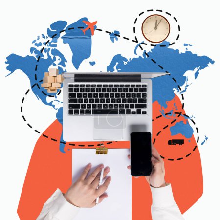 Photo for Man working on laptop and phone over world map with navigation routes. Accurate delivery and time management. Concept of logistics, cargo companies, business, worldwide shipping and delivery services - Royalty Free Image