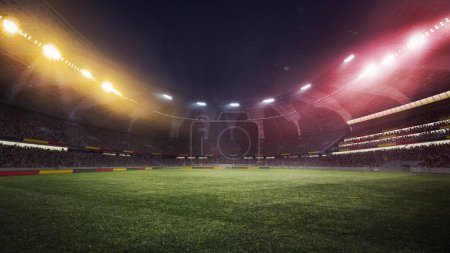 Foto de Estadio de fútbol vacío con foco y tribuna de fans con atributos de bandera de Alemania. Representación 3D. Equipo de fútbol alemán. Concepto de eventos deportivos en vivo, torneo, campeonato, juego - Imagen libre de derechos